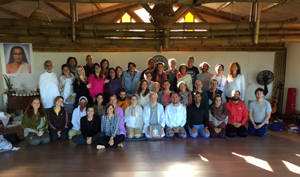 M. G. Satchidananda and 42 participants in the 3rd initiation in Cunha, Brazil, November 14-22, 2015.  
        Seated next to him in the center are Ramani and Narada, owners of the Flora des Alguas retreat center